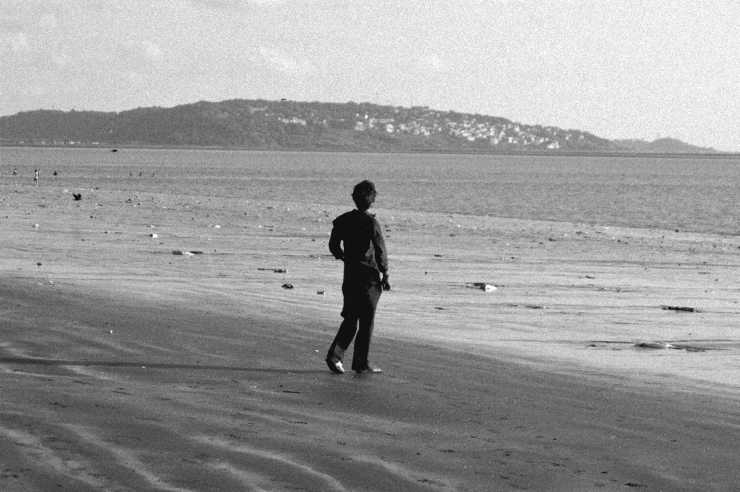Coastline — wide monochrome beach photograph