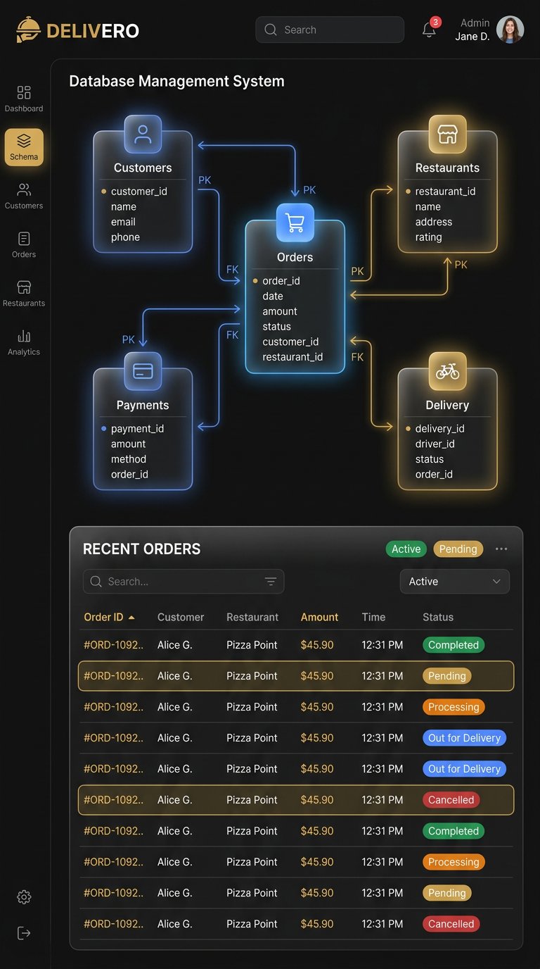 Food Delivery DBMS — relational schema and orders dashboard